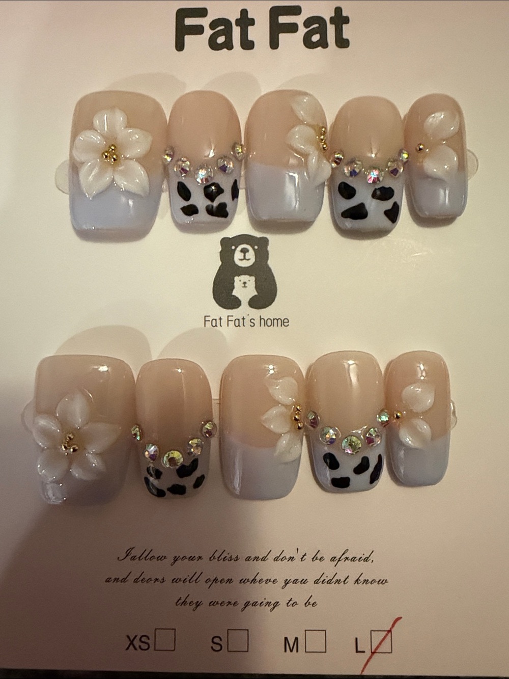 Fat Fat 3D Floral & Rhinestone Nude White Cow Print Press-On Nails